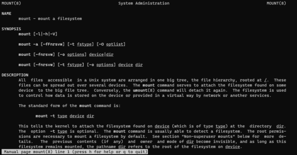 Bash console with man page of mount program
